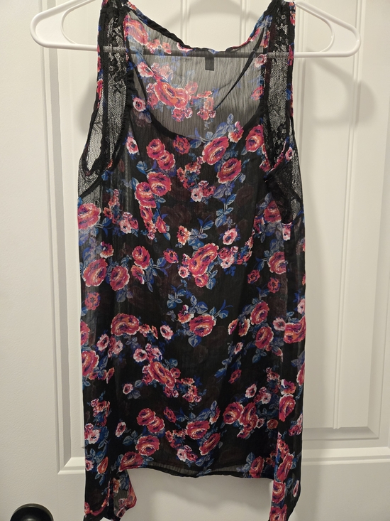 dELiA*s Tops - dELiA*s Black Sheer Floral Tank with Pink & Blue Blooms